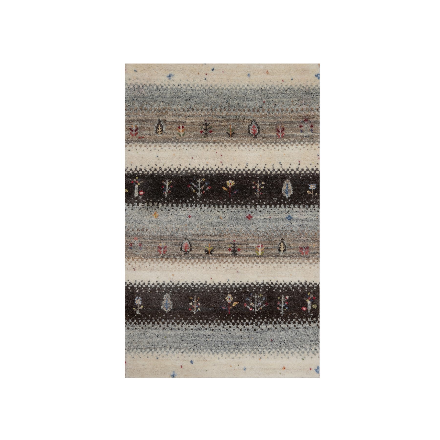 Vanilla Ice White, Hand Knotted, Lori Buft Gabbeh with Small Tree Figurines, Modern, Thick and Plush, Pure Wool, Mat, Oriental Rug